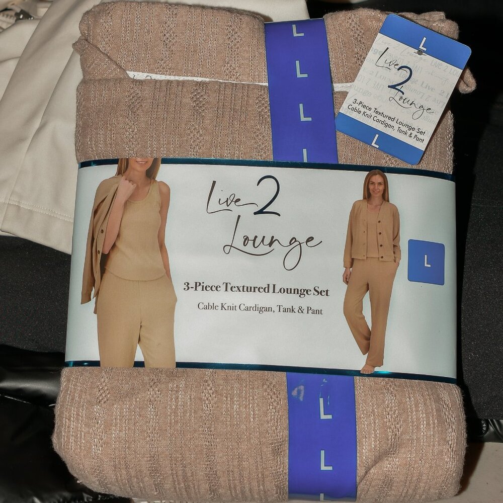 3-Piece Textured Lounge Set Cable Knit Cardigan, Tank & Pant  Live 2 Lounge